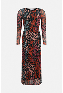 animal mesh ruched front midi dress