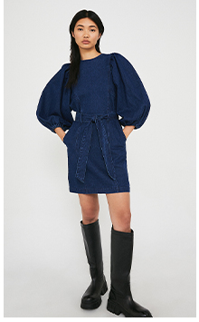 denim volume sleeve belted mini dress