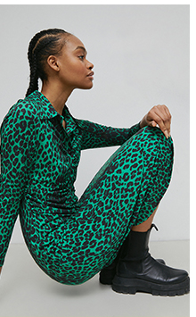 animal print ruched front shirt dress