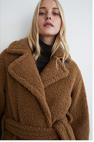 belted long line teddy coat