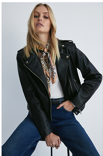 real leather tab detail biker jacket