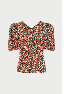 textured floral ruched front puff sleeve top