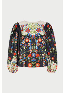 border print cotton sateen puff sleeve top