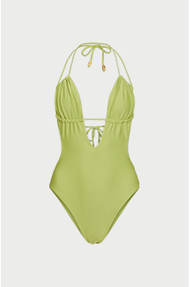 recycled wooden bead trim cut out tie front swimsuit