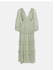tulle plunge balloon sleeve tiered maxi dress