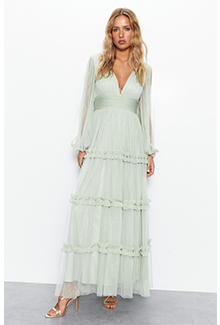 tulle plunge balloon sleeve tiered maxi dress