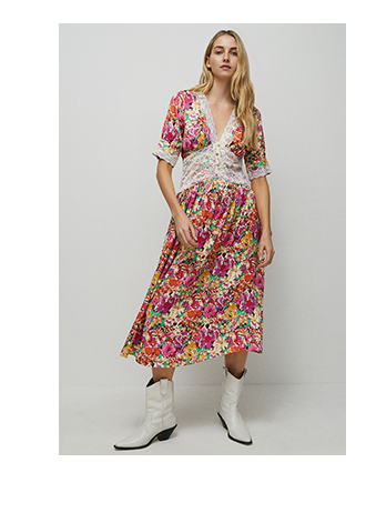 satin lace tea midi dress in floral