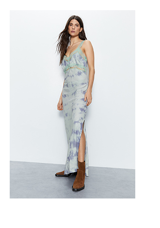lace trim tie dye bias midi slip dress