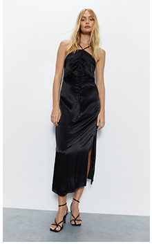satin halter cut out midi dress