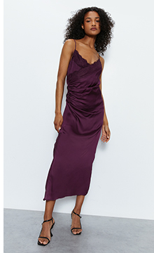 lace trim ruched side slip dress