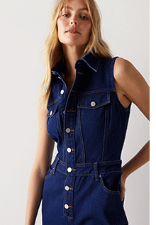 button through collared denim wide leg jumpsuit