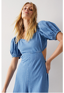 denim chambray tie back puff sleeve wide leg jumpsuit