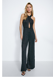 metallic twist neck knit jumpsuit