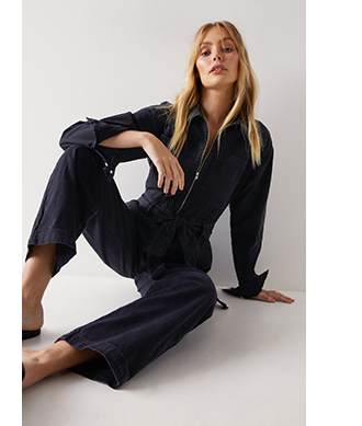 long sleeve zip through belted denim boilersuit