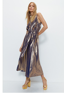 tie waist pleated lame dress