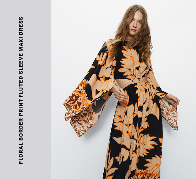 floral border print o ring fluted sleeve maxi dress