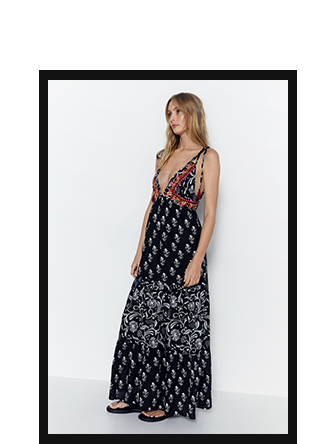 paisley mixed print embroidered tassel tie maxi dress