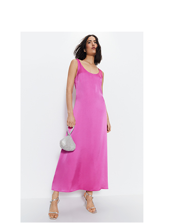 scoop neck satin midi slip dress