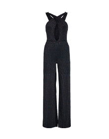 metallic twist neck knit jumpsuit