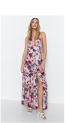 floral jacquard halter plunge maxi dress
