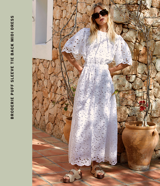 broderie puff sleeve tie back midi dress