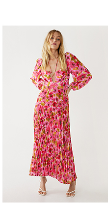 floral printed strap detail pleated midi dress
