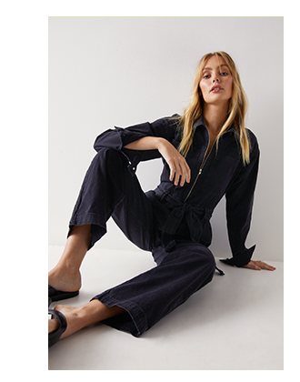 long sleeve zip through belted denim boilersuit