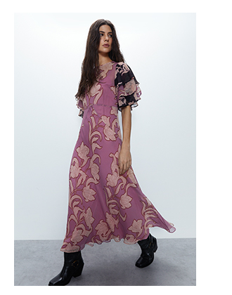 shadow floral angel sleeve midi dress