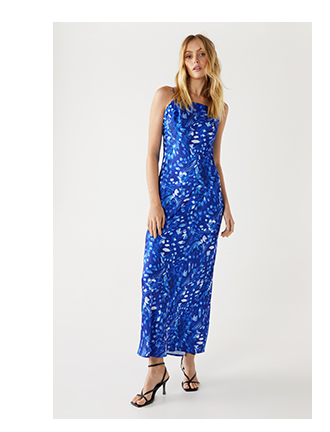 animal satin square neck slip dress