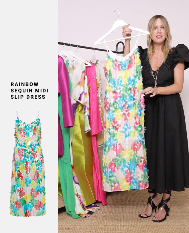rainbow sequin midi slip dress