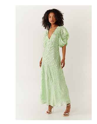 sparkle floral v neck puff sleeve midi dress