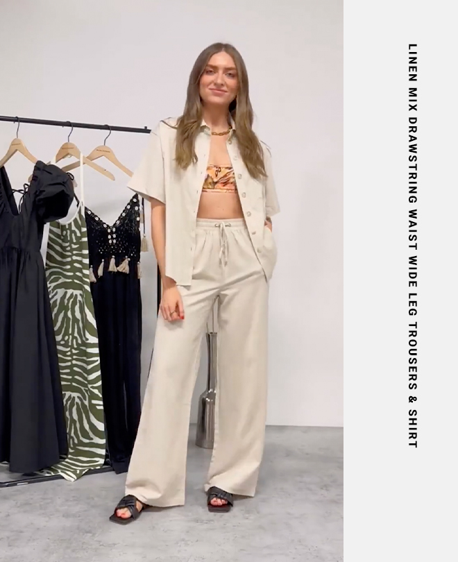 linen mix drawstring waist wide leg trousers