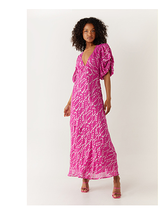 sparkle floral v neck puff sleeve midi dress