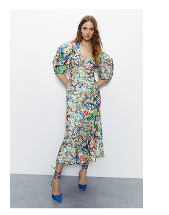 bright floral print puff sleeve v neck dress