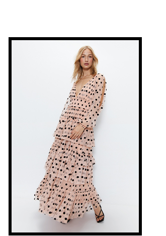 flock polka dot tie shoulder maxi dress