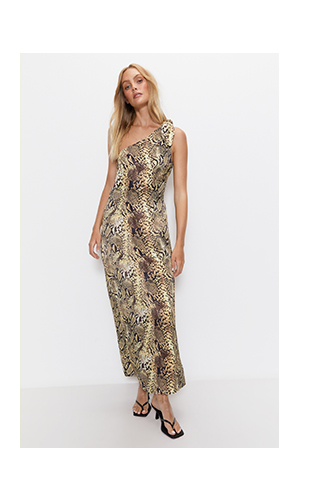 Premium Satin Snake Print One Shoulder Maxi Dress