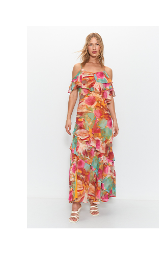 Floral Printed Ruffle Frill Detail Maxi Dress