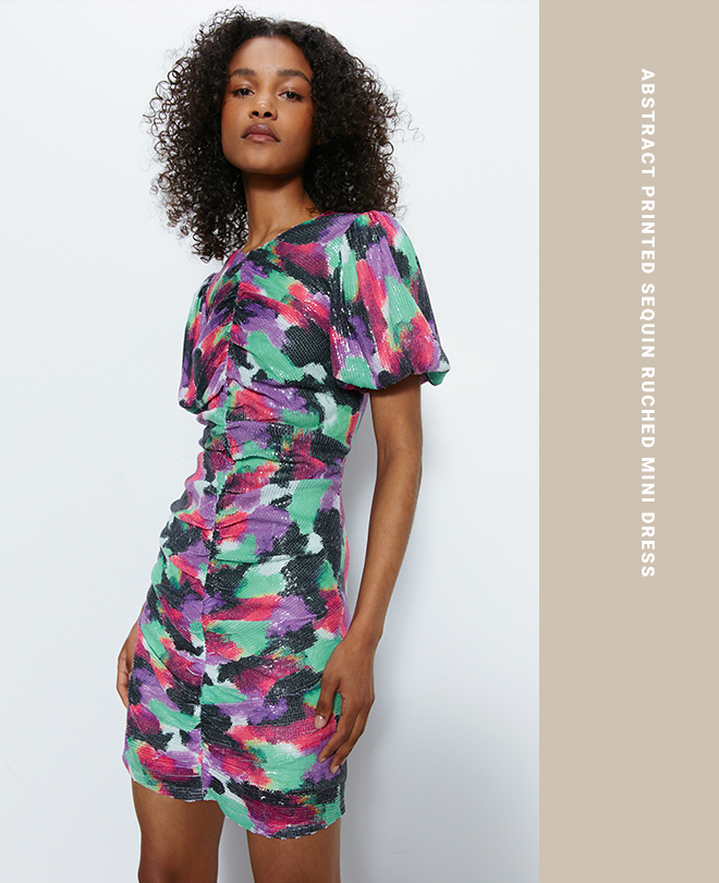 abstract printed sequin ruched mini dress