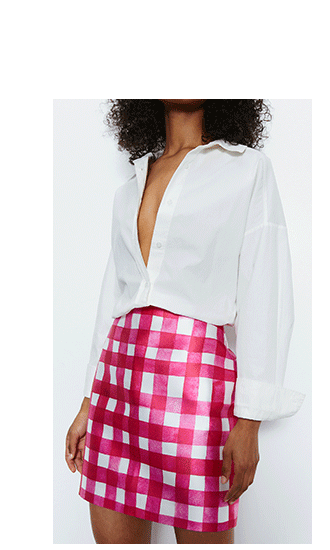 tailored gingham satin twill mini skirt