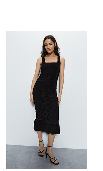 square neck peplum hem ruched midi dress