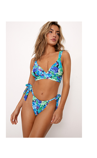 recycled floral ruched triangle bikini set