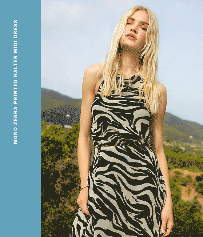 mono zebra printed halter midi dress