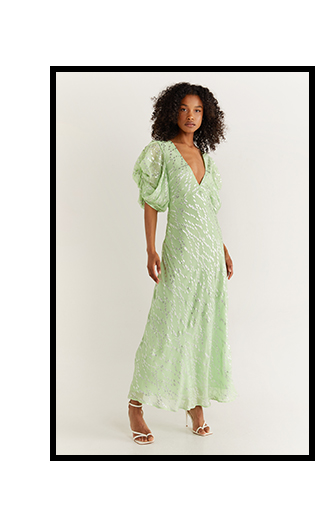 sparkle floral v neck puff sleeve midi dress