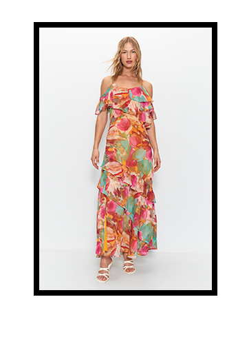floral printed ruffle frill detail maxi dress