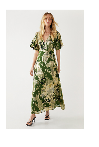 sparkle metallic v neck floral midi dress