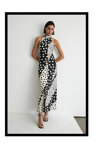 spot satin halter neck backless maxi dress