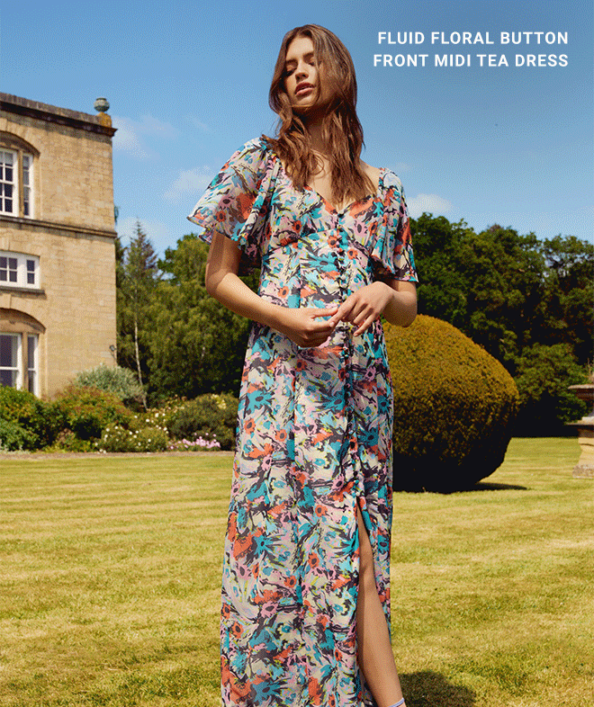 fluid floral button front midi tea dress