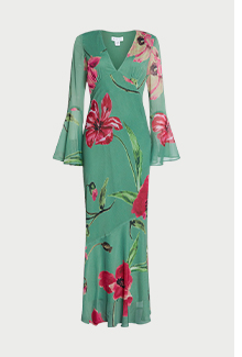 floral printed v neck fluted sleeve maxi dress