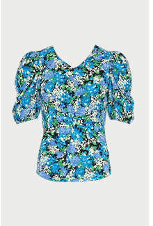 textured floral ruched front puff sleeve top