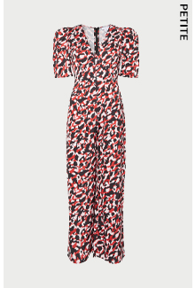 petite satin printed v neck jumpsuit